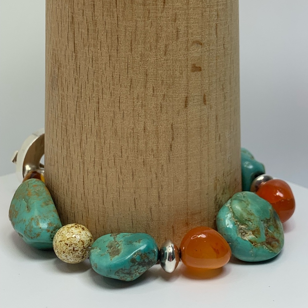 Vintage RAGE Sterling Silver, Turquoise & Carnelian Toggle Clasp Beaded Bracelet - Picture 3 of 15